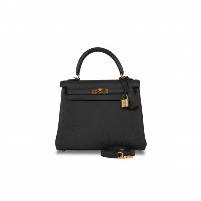 HERMÈS KELLY 25 RETOURNE  BLACK TOGO GOLD HARDWARE (25*17*7cm) 